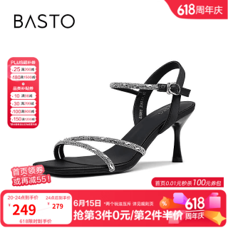 百思图 夏商场新款时尚气质一字带凉鞋细跟高跟鞋女鞋E5063BL5 黑色