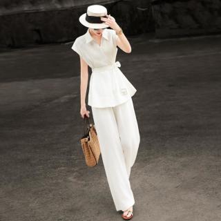 兰瑟儿 简约高智感~夏季通勤套装收腰上衣阔腿裤两件套