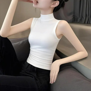 拉夏贝尔 女士吊带背心 夏季新款一片式半高领白色薄款打底内搭无袖潮