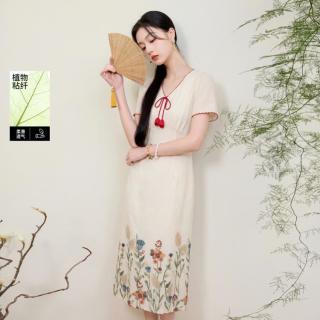 三彩 亚麻2026夏季新中式连衣裙显瘦藏肉遮肚子大码