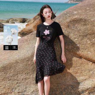 三彩 2026夏季遮肉显瘦连衣裙T恤裙大码女装胖MM