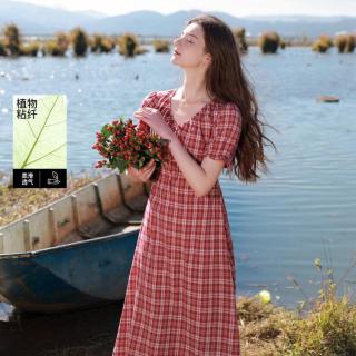 三彩 26夏款橙红格纹连衣裙V领短袖胖MM大码