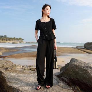 三彩 夏款仿麻上衣长裤两件套装方领大码百搭高级感