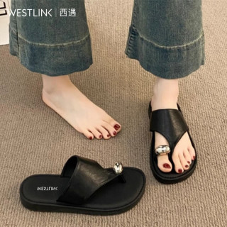 西遇 夹趾坡跟增高法式小凉拖鞋