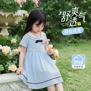 马卡乐 童装学院风短袖连衣裙女童2026新款夏季蝴蝶结甜美公主裙A