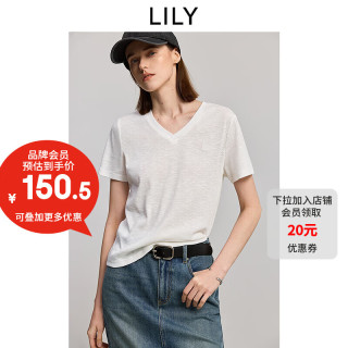 LILY 2026夏新款简约肌理感休闲V领气质通勤白色短袖T恤女短款上衣 601白色