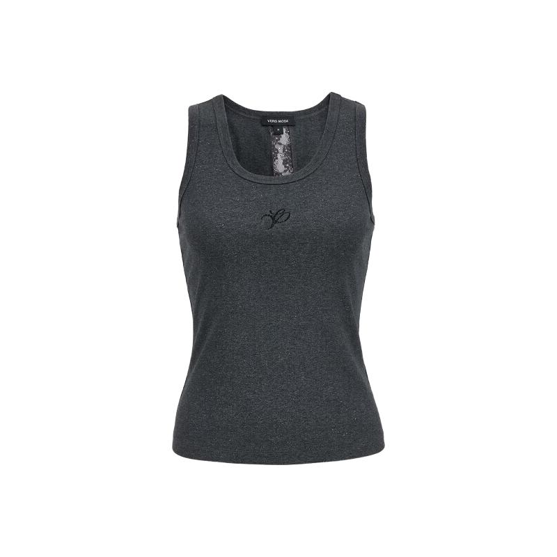 VERO MODA 含棉蕾丝拼接烫钻无袖T恤 森林灰加花色 XS