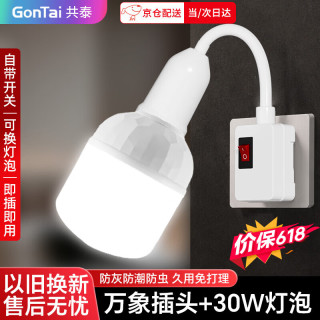 共泰 灯泡灯座带开关插座 E27螺口节能灯直插式 30W白光灯泡+万向插头灯口