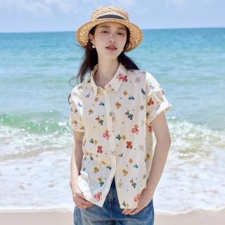 茵曼 纯棉小众印花短袖衬衫女2026夏季田园度假宽松舒适衬衣上衣
