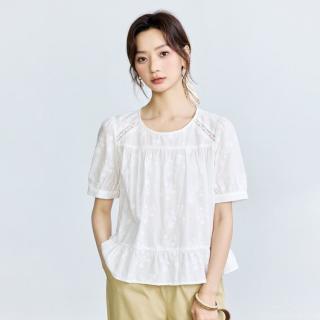 茵曼 纯棉法式刺绣短袖白衬衣女2026夏季时尚气质宽松显瘦薄款衬衫