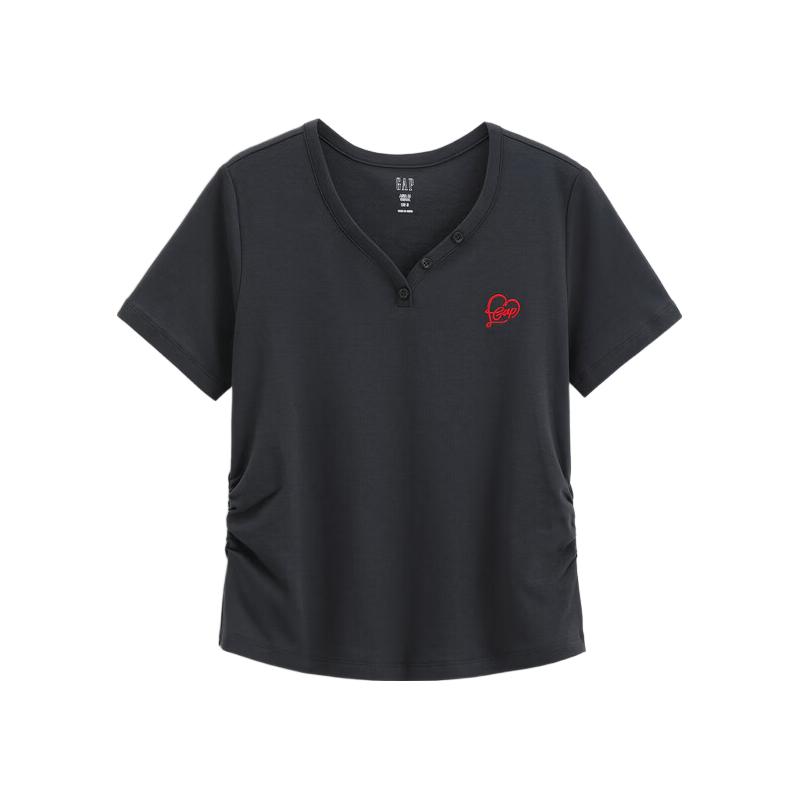 Gap/盖璞 纯棉logo刺绣V领爱心捏褶短袖上衣 碳灰色 S