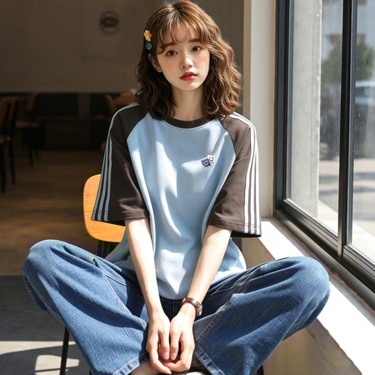 MINISO/名创优品 美式休闲复古插肩拼条女士T恤