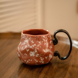 茉舟 新品定制陶瓷花卉造型复古法式风咖啡杯饮水杯陶 如意杯燕子-红色 250ML