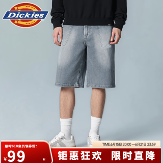 Dickies 美式复古宽松直筒牛仔短裤男 休闲工装牛仔后腰刺绣短裤 DK0A884B 浅水洗蓝 M (30)