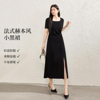 蓝语 大码女装赫本风方领显瘦收腰开叉连衣裙