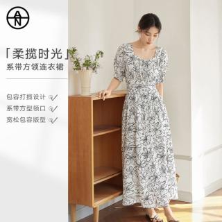 DUIBAI AN大码系列 女士方领碎花连衣裙 2026夏装泡泡袖掐腰长裙