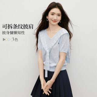 红袖 女士条纹披肩刺绣短袖V领针织衫