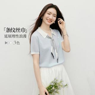 红袖 2026夏季女装条纹丝巾短袖POLO翻领针织衫