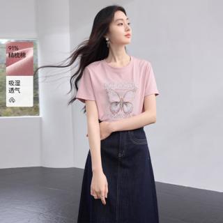 香影 夏装蝴蝶印花t恤女短袖超好看亮钻圆领减龄上衣
