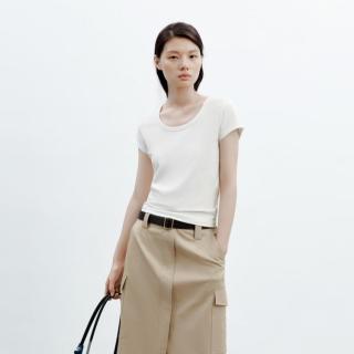 H'S 白色正肩小飞袖T恤女26年夏季新款高级感修身短袖上衣打底衫