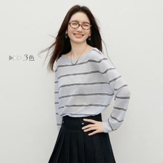 红袖 2026夏季女装条纹撞色落肩长袖一字领套头针织衫