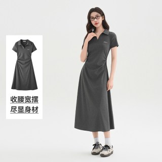 三福 短袖连衣裙2026新款夏季简单大方收腰V字翻领长裙女装517904