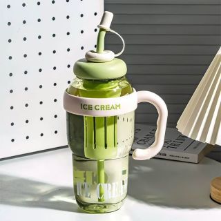 初听 幸运肚肚杯 塑料杯带茶漏吸管 1100ml 绿色