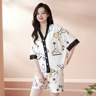 芬腾 睡衣女款夏季纯棉短袖可外穿休闲薄款夏天凉感大码家居服套装