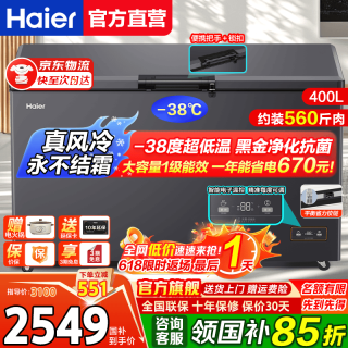 海尔 风冷无霜冷柜家用商用冰柜全冷冻柜保鲜冷藏柜单温区单开门一级能效省电速冻卧式冷柜
