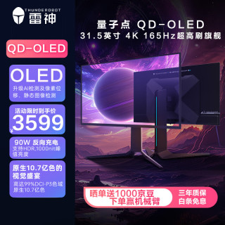 雷神 黑武士 DU32F165E 31.5英寸 QD-OLED G-sync FreeSync 显示器（3840×2160、165Hz、99% DCI-P3、HDR400、Type-C 90W）