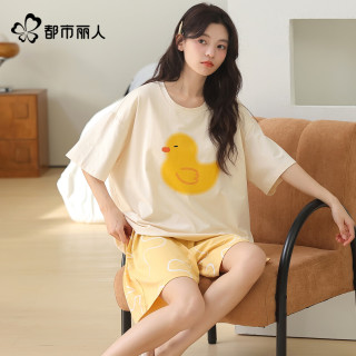 都市丽人 女士睡衣纯棉套装 带胸垫短袖短裤家居服