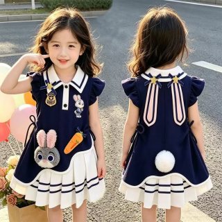 纯贝兔（CHUNBEITU）女童连衣裙夏装2026新款儿童女孩公主裙可爱衣服节日表演礼服裙子 藏青色