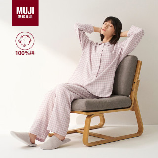 無印良品 MUJI 无侧缝 双层纱织睡衣 浅粉红色格纹  XL