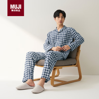 無印良品 MUJI 男士无侧缝 双层纱织睡衣 软棉棉内衣 藏青色格纹 XL