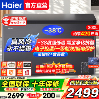 海尔 风冷无霜冷柜家用商用冰柜全冷冻柜保鲜冷藏柜一级能效|-38℃深冷| 300L