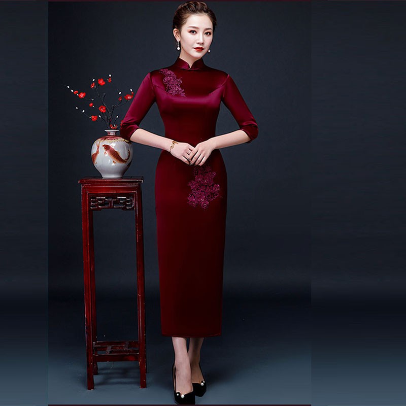 玫芙娜 中国风绣花改良旗袍 酒红色 XL 女装