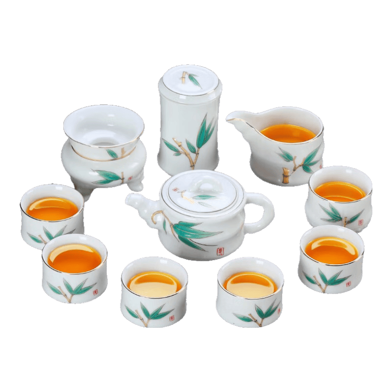 匠仙 德化白瓷茶杯 绿竹茶具套装