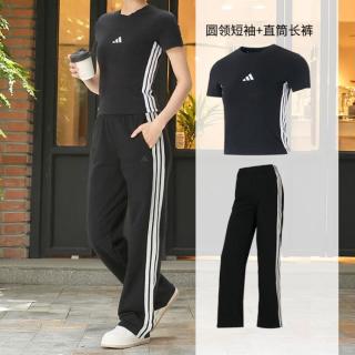 adidas 圆领短袖女装上衣休闲透气跑步运动T恤女裤针织长裤
