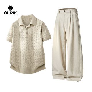 百亿补贴：OLRIK 夏季翻领麻灰针织衫休闲套装男显瘦短袖T恤褶皱西裤两件套潮