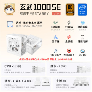 驿晨宇 铜牌主机电源 额定1000W 全模组 白色 玄武1000SE+12VH线材包