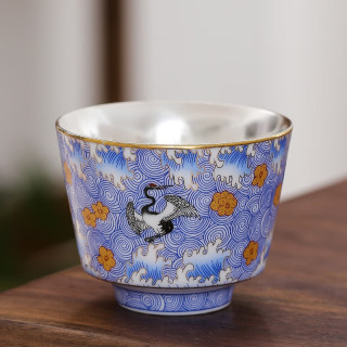 灵沐 珐琅彩银瑞鹤敞口杯