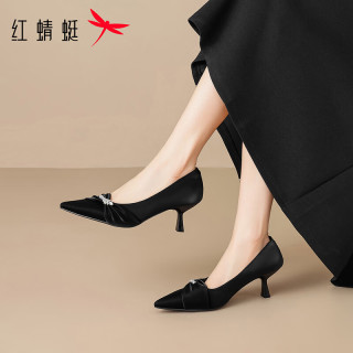 红蜻蜓 女鞋尖头水钻高跟鞋 一脚蹬细高跟小皮鞋百搭优雅休闲女士单鞋子