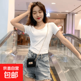 T恤女短袖修身夏季女装潮流紧身体恤上衣圆领黑色 纯白色短T M