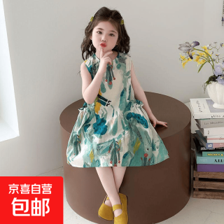 女童夏季连衣裙新款洋气儿童公主裙女宝宝夏装无袖背心连衣裙0232 绿墨画连衣裙   花菲猫裙子 110 码