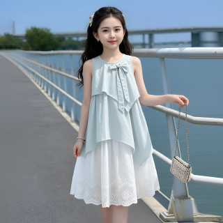 纯贝兔 女童夏季公主连衣裙2026新款背心裙儿童独特漂亮富家千金感裙子 浅蓝色