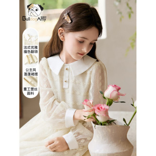 馋嘴狗 女童蕾丝连衣裙2026春季新款洋气儿童学院风长裙甜美公主裙 米色 14