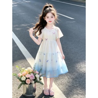诺佳微淇 女童连衣裙夏季2026新款儿童洋气女孩公主裙女大童夏装渐变色裙子 蓝色 140