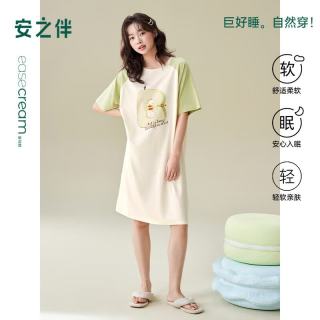 安之伴 巨凉感 女士纯棉短袖睡裙 休闲宽松插肩袖可爱圆领中长款