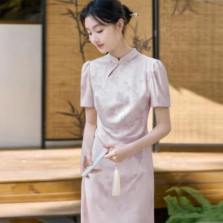 香影 女士改良旗袍新中式连衣裙长裙 掐腰缎面国风暗纹提花裙子