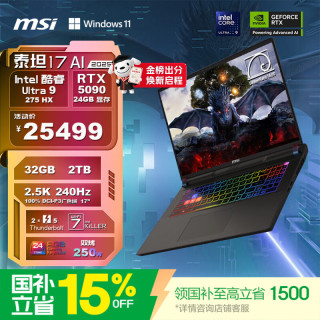 微星 Vector 17 HX AI-069CN RTX5090独显 游戏本 32G 5600MHz内存 2T固态  2560*1600 U9-275HX RTX 5090 黑色 240Hz 32GB 2TB